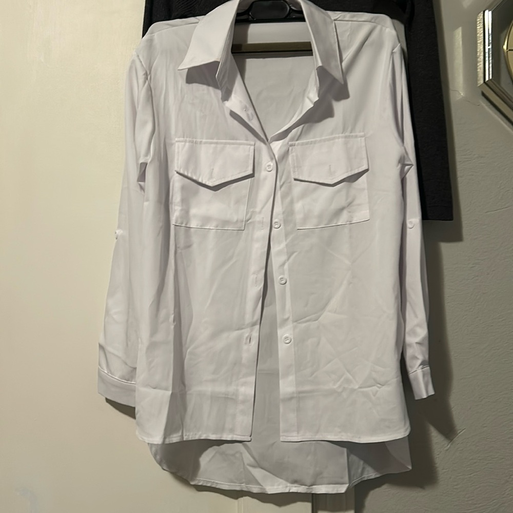 White silk blouse, classic high low